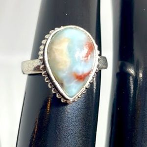 Elegant larimar teardrop shaped Gemstone sterling silver ring Sz 6.25
